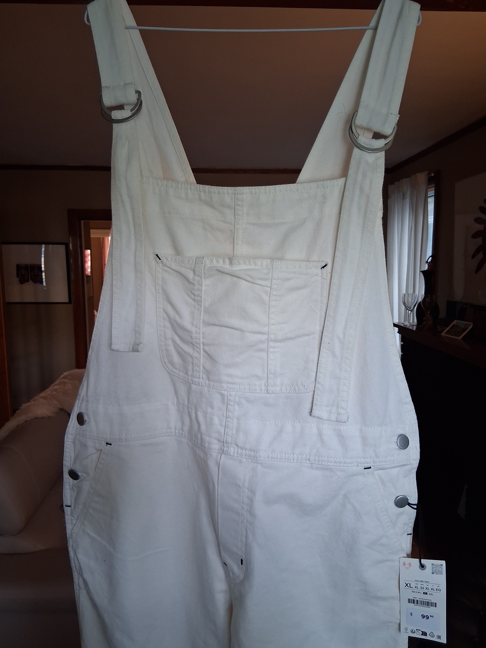 Zara Cream Cotton Overalls Jumpsuit with Front Pocket, Size XL